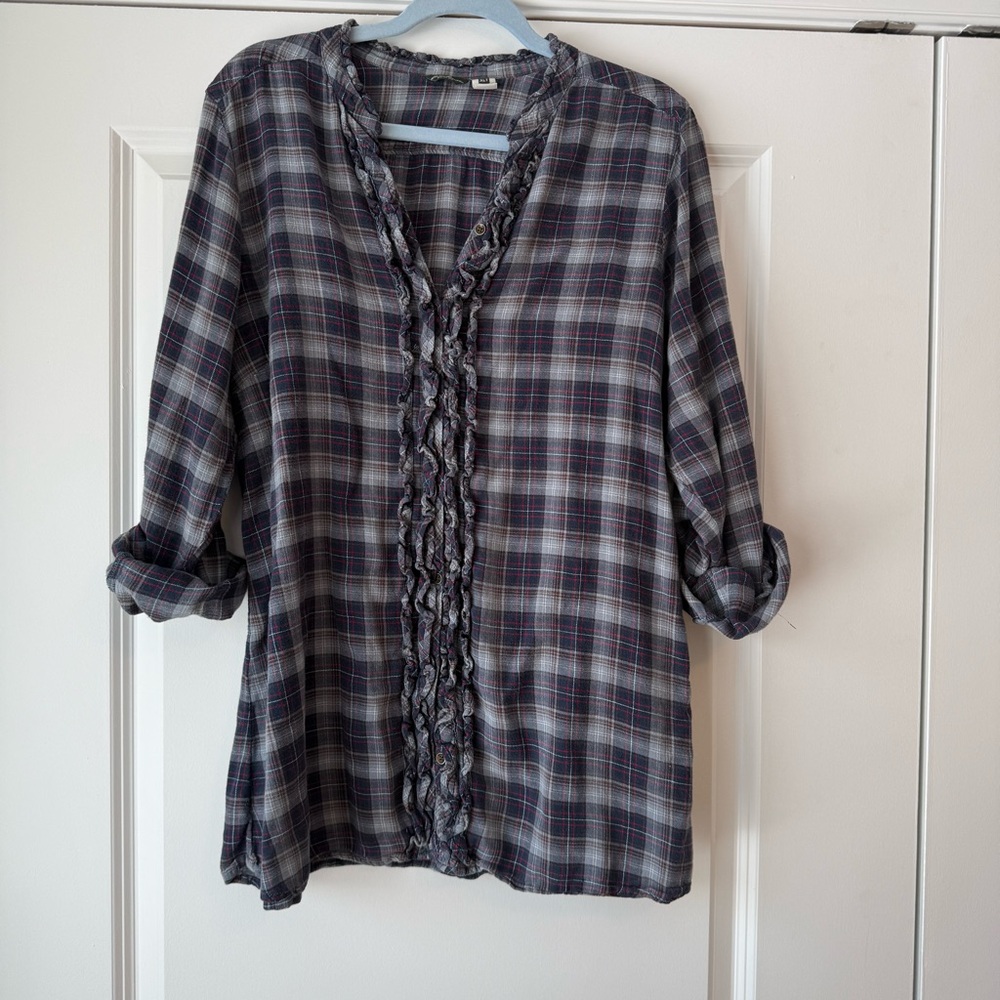 Eddie Bauer Ruffled Flannel Button-Down Top, Women’s, Blue Plaid, XL Tall